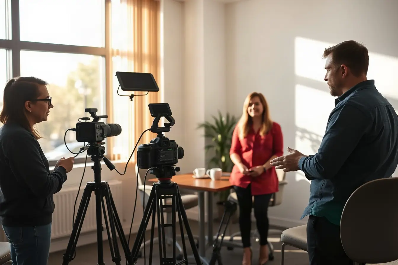 Small video crew filming a client interview in a San Diego office